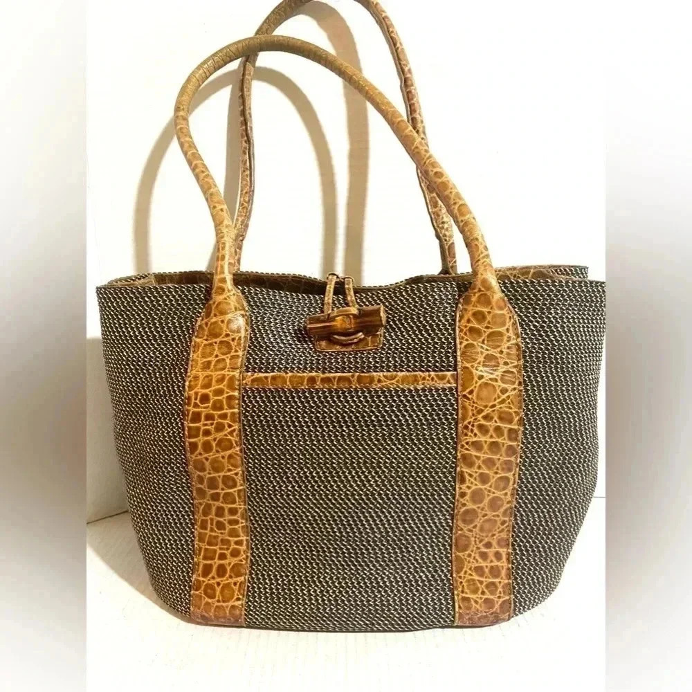 Eric javits brown fibers woven  straw satchel handbag